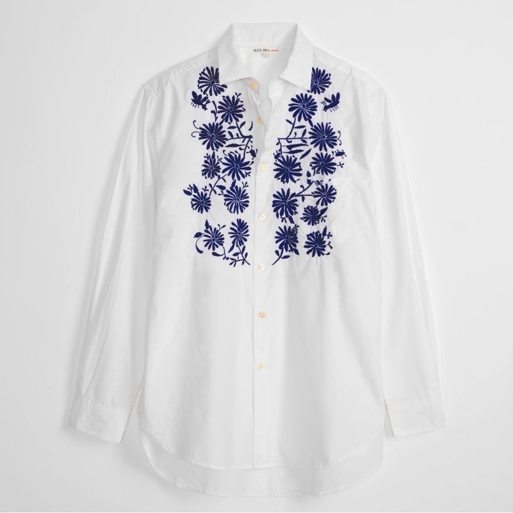 Alex Mill White and Blue Embroidered Button Down Shirt